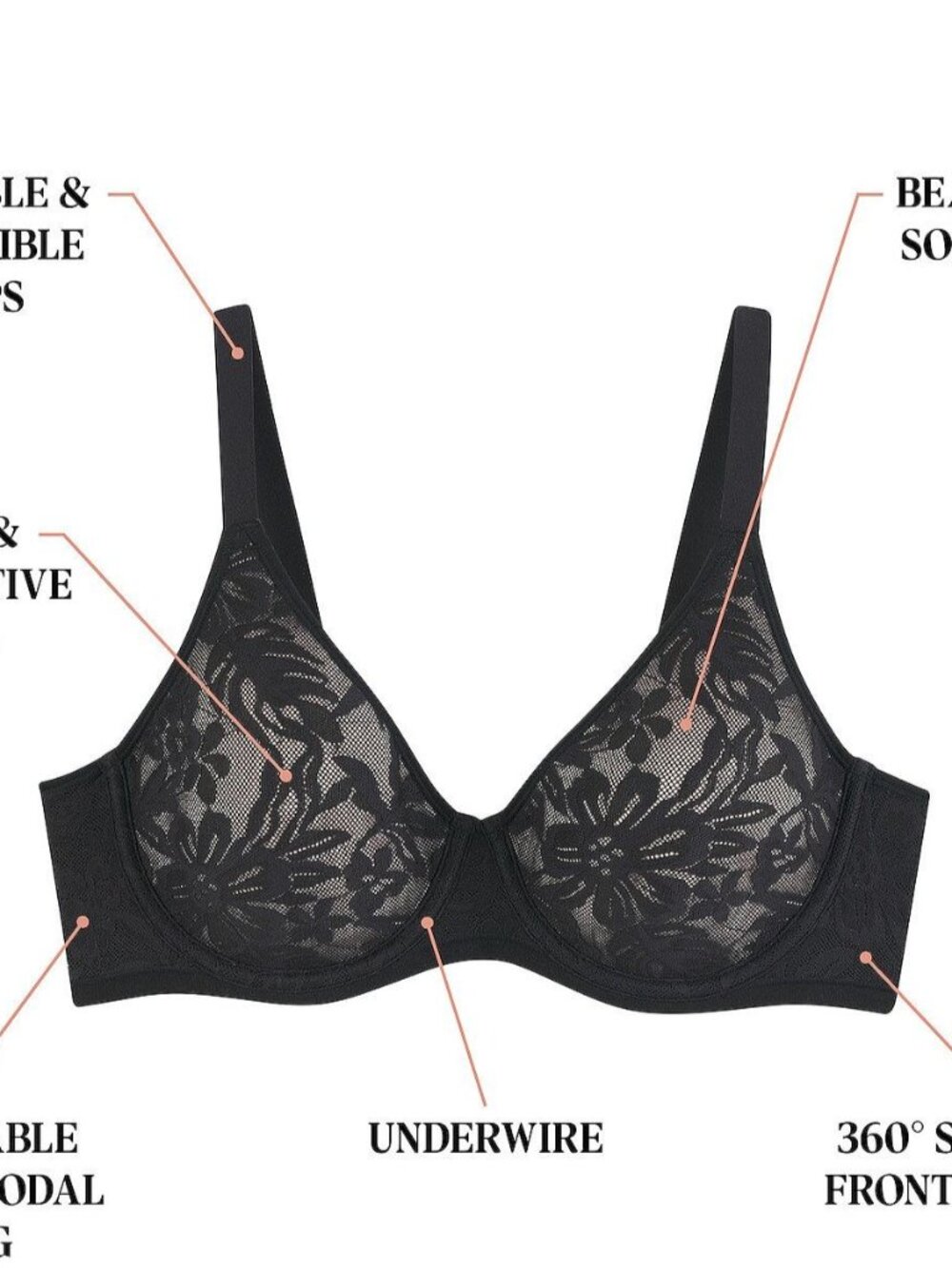 #1664 Bali Women's Breathe Lace Underwire Bra DF7590 - Black/Almond - Picture 4 of 7